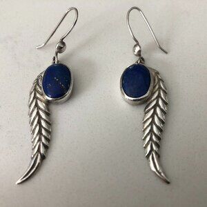 Vintage Genuine Lapis and Silver 325 Stamped Earrings w Feather Design Size OS